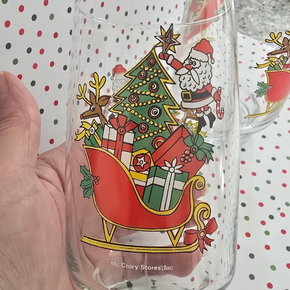 VTG 80's Coca Cola McCrory Stores Christmas Glasses Set of 2 Santa Reindeer Tree - Picture 2 of 6